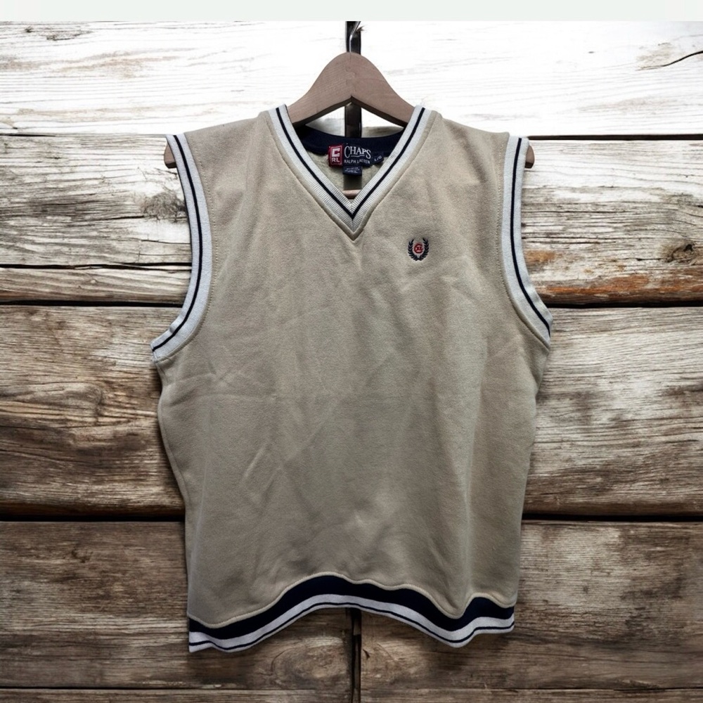 Chaps by ralph Lauren beige Sweater Vest with Navy Accents fleece lined large